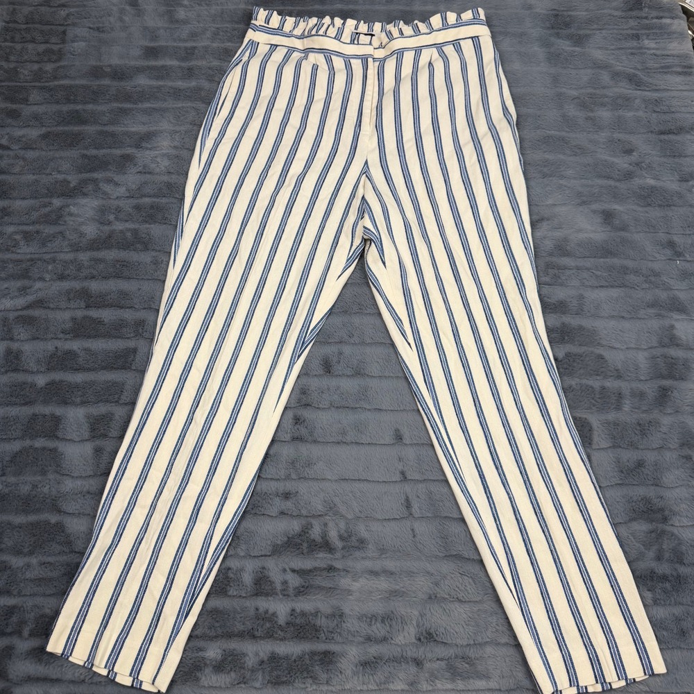 Express Womens High Rise Ankle Pants Blue Cream Striped Paperbag Waist 10R